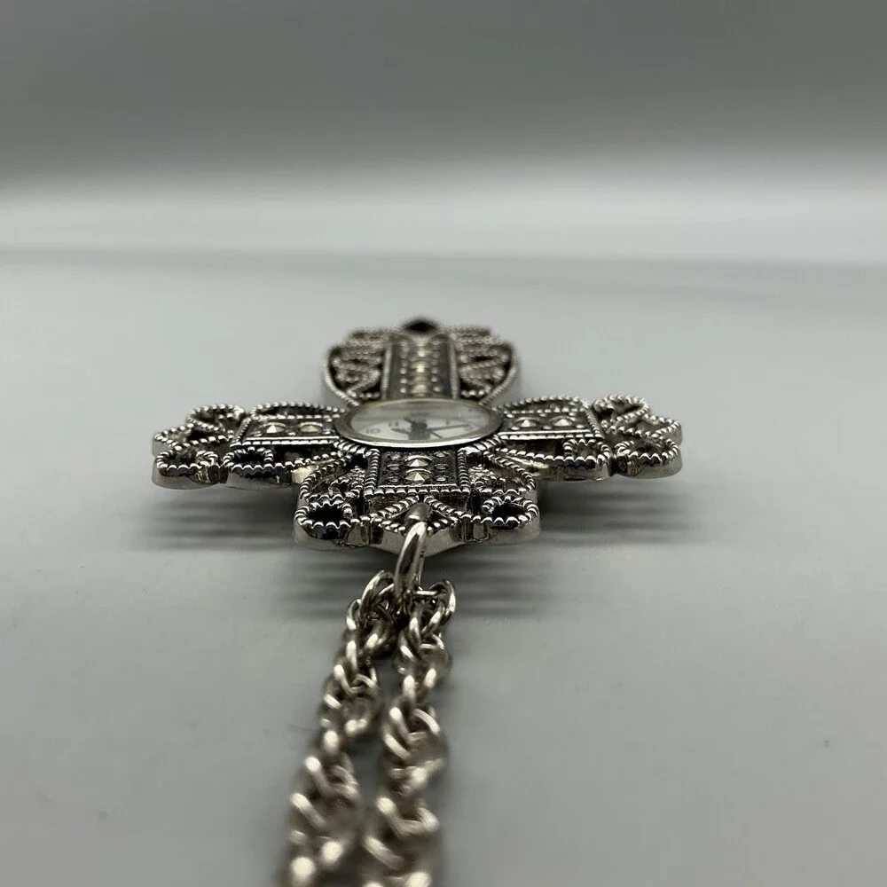 LA Express Womens Watch 44mm Cross Pendant Necklace Silver Tone New Battery